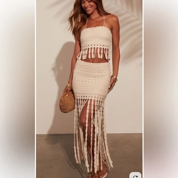 VICI Sweet Escape Fringe Crochet Crop Top & Maxi Skirt Set- large - Picture 7 of 12